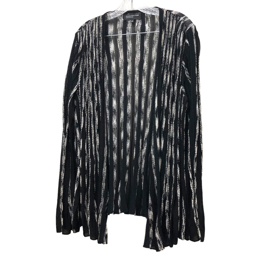 Jones New York Striped Long Sleeve Open-Front Cardigan W Size L Black/White